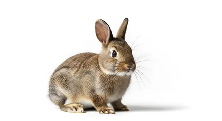A cute brown rabbit sitting calmly on white background looking sideways © Arifudin