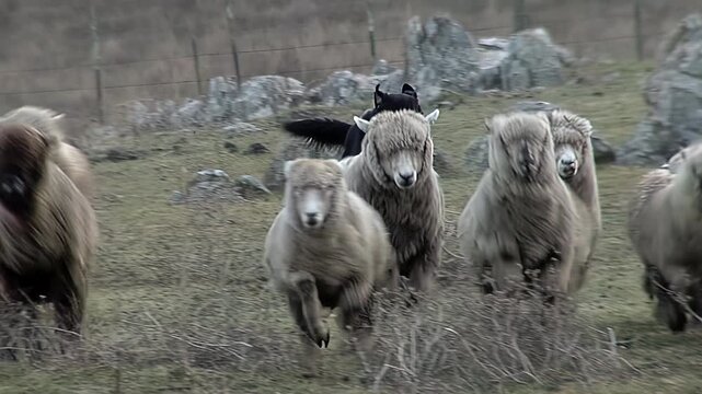 Black Shepherd Dog Herding Sheep Flock Towards Camera in Tandil, Buenos Aires Province, Argentina - 4K