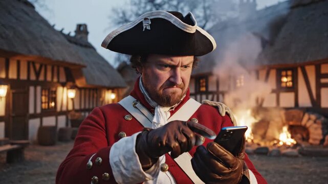 Shocked 18th century British soldier in redcoat looking at modern smartphone in historical village