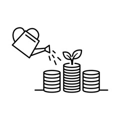 Minimalist black line vector icon illustration of a watering can watering stacks of coins with a growing plant sprout, symbolizing dividend yield, financial growth, investment, and wealth. © Faiqa