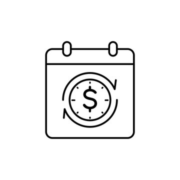 Minimalist black line vector icon of a calendar with a dollar sign and circular arrows, representing subscription revenue, recurring payments, and monthly billing cycles on a white background.