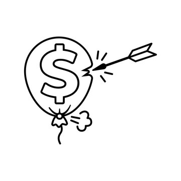 Inflation Impact Vector Icon: A minimalist black line illustration on a white background featuring a dollar sign balloon being popped by an arrow, symbolizing economic bubble burst and crisis.
