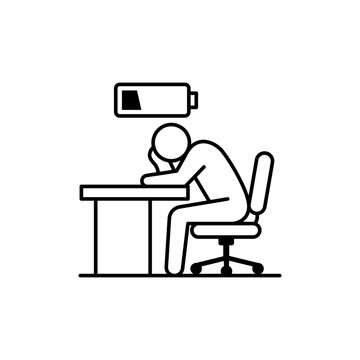 Quiet Quitting Vector Icon: A minimalist black line illustration on a white background of a tired employee at a desk with a low battery symbol, symbolizing burnout, work stress, and exhaustion.