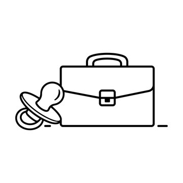 Parental leave minimalist black line vector icon illustration on white background featuring a baby pacifier and a professional briefcase representing work-life balance, maternity, and paternity.