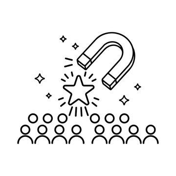 Talent acquisition minimalist black line vector icon on white background. A horseshoe magnet attracting a star from a group of people, representing recruitment, headhunting, and hiring top talent.