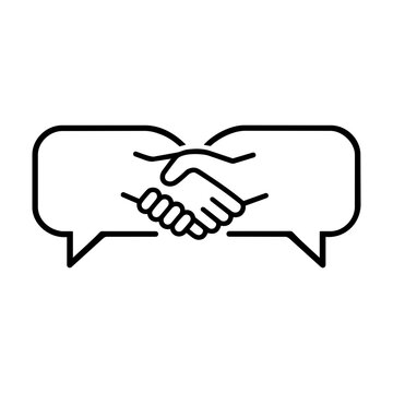 Conflict resolution and agreement minimalist black line vector icon featuring a handshake within two speech bubbles, representing communication, partnership, and peace on a white background.