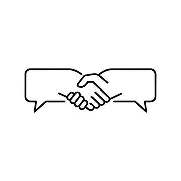 Minimalist black line vector icon of a handshake formed by two speech bubbles, representing conflict resolution, agreement, communication, and successful negotiation on a white background.