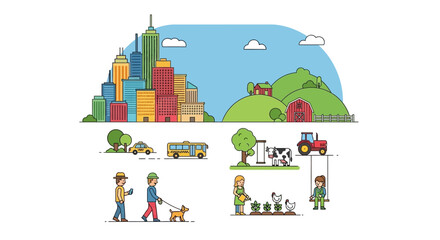 Fototapeta premium Engaging collection of line art illustrations depicting diverse facets of modern life, featuring cityscapes, rural farms, people, vehicles, and daily activities