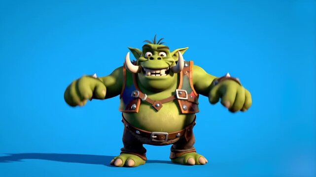 A muscular green orc character with tusks, wearing leather armor, standing against a blue sky. High-quality 3D character animation perfect for RPG game promos, fantasy storytelling, and cinematic intr