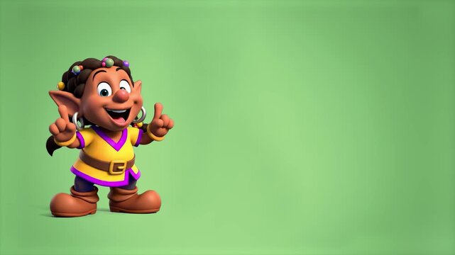 A colorful 3D cartoon dwarf character gesturing and pointing upwards while speaking, set against a soft green screen background. Great for video game promos, fantasy animations, fairytale storytelling