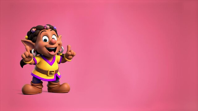 A delightful 3D stylized fairytale dwarf mascot peeking in from the corner, smiling widely and gesturing upwards alongside ample copy space on a solid pink backdrop. Excellent for children's education