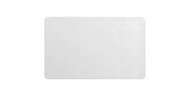 A clean rectangular white plastic cutting board used for food preparation in a home kitchen space isolated on transparent background