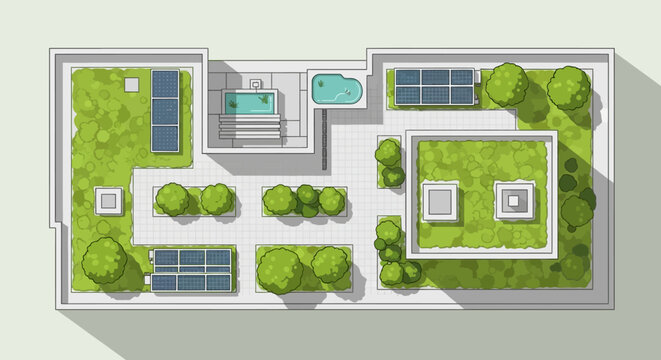 Aerial View Illustration of a Sustainable Modern Green Roof with Solar Panels, Urban Garden, and Swimming Pools for Eco-Friendly Architectural Design and Smart City Living