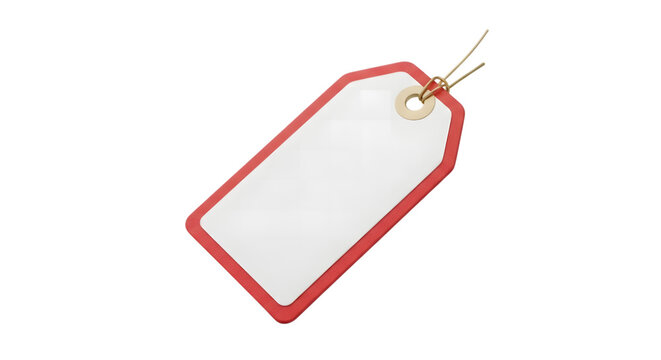 Blank rectangular paper price tag with a vibrant red border and a gold metallic eyelet fastener isolated on transparent background