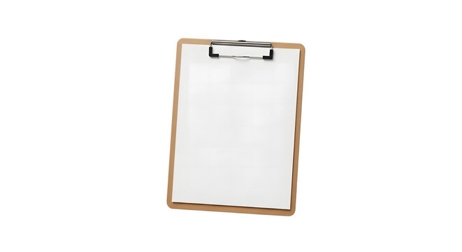 A wooden clipboard with a blank white sheet of paper secured by a sturdy metal spring clip top isolated on transparent background