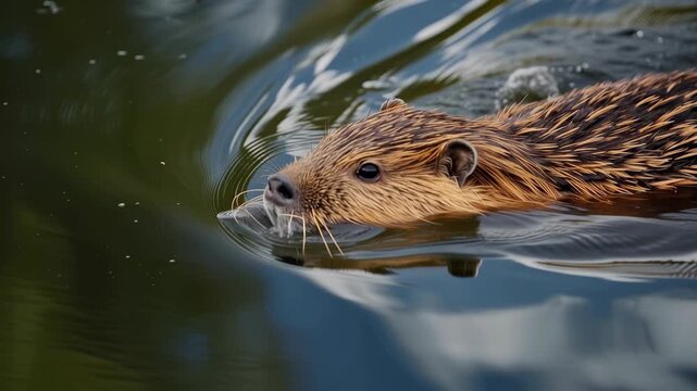 Young beaver rodent swimming calm reflective water with wet fur ripples and tranquil wildlife scene