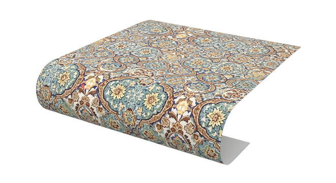 Decorative fabric sheet with an intricate vintage floral pattern in shades of blue and gold hues isolated on transparent background