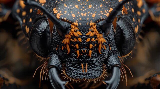 Black orange beetle close up macro showing textured exoskeleton mandible detail with fine hairs