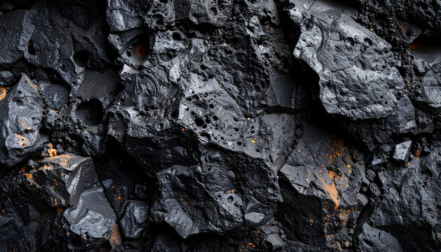 Dark volcanic basalt rock texture with a very rough and porous surface