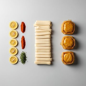 Minimalist display of Briouat ingredients: lemon slices, paprika powder, dried parsley, pastry strips, and golden honey-glazed chicken triangles on grey background.