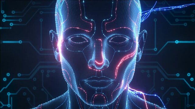 Futuristic Human Face with Digital Neural Network Lines