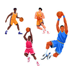 Dynamic vector illustration set of diverse basketball players in various active game actions: dribbling, shooting, and dunking. Clean, isolated style on white. © Yada