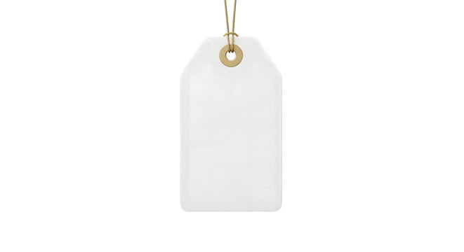 A plain rectangular white paper hang tag with a golden eyelet and a thin brown decorative string isolated on transparent background