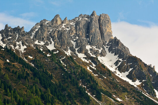 Elfer peak (2,505 m) anging over Neustift im Stubaital village in Tirol, Austria.