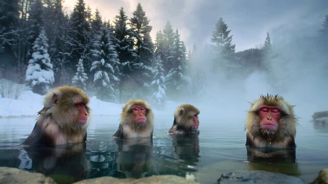 Snow Monkeys Bathing in Natural Hot Spring