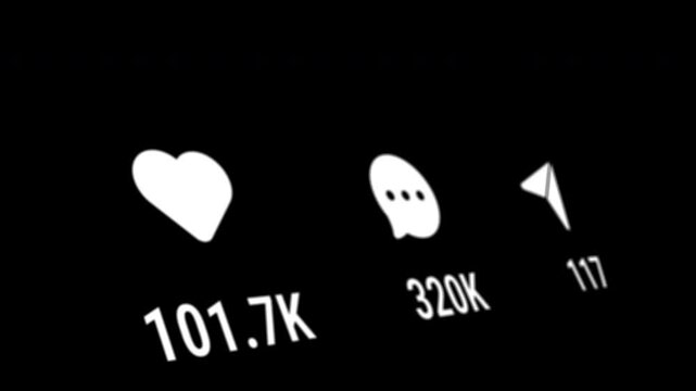 Social network smartphone screen animation increasing likes comments reposts icons engagement tracking digital social media