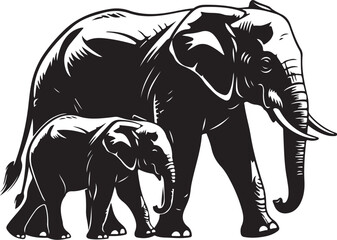 Obraz premium Mother Elephant and Calf Walking Together in Black Silhouette
