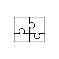 Minimalist black line vector icon illustration of four interlocking puzzle pieces on a white background, representing synergistic partnership, teamwork, collaboration, and creative problem-solving.
