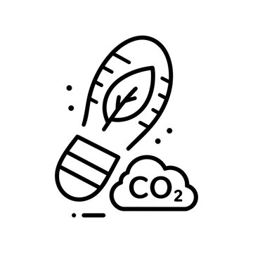 Carbon Footprint Tracking Icon, Minimalist Black Line Vector Illustration of a Footprint with a Leaf and CO2 Cloud on White Background, Representing Environmental Impact and Eco-Friendly Living.