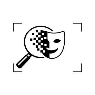 Deepfake detection minimalist black line vector icon illustration featuring a magnifying glass inspecting a pixelated digital mask, representing artificial intelligence and identity verification.