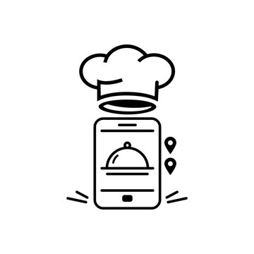 Minimalist black line vector icon illustration of a dark kitchen or ghost kitchen concept, featuring a smartphone with a chef hat and food cloche, representing online food delivery and apps.