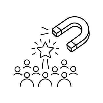 Talent acquisition and recruitment vector icon illustration featuring a magnet attracting a star from a group of people, representing human resources, hiring top talent, and headhunting.