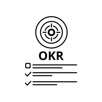 OKR Objectives and Key Results Vector Icon Illustration. A minimalist black line art design on white background featuring a target symbol, the acronym OKR, and a checklist for goal setting.