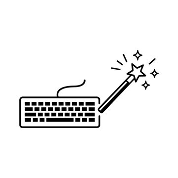 Minimalist black line vector icon illustration of a computer keyboard with a magic wand and stars, representing prompt engineering, artificial intelligence, and digital creativity on white.
