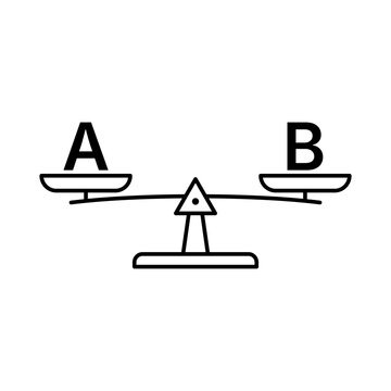Minimalist black line vector icon illustration of a balance scale with letters A and B on a white background, representing A/B testing, marketing comparison, and data-driven decision making.