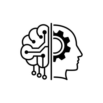 AI Integration Vector Icon Illustration: A minimalist black line art design on a white background featuring a human head profile merged with a digital brain circuit and mechanical gear symbol.