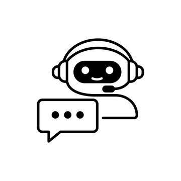 Automated Customer Service Chatbot Vector Icon Illustration: A Minimalist Black Line Art Design of a Friendly Robot with a Headset and Speech Bubble on a White Background for AI Support and