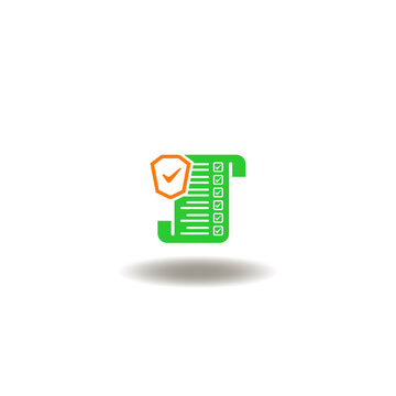 Vector illustration of scroll paper document or check list and shield with check mark. Symbol of policy.