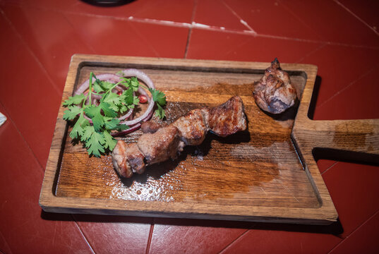 Georgian shashlik, a dish of skewered and grilled cubes of meat