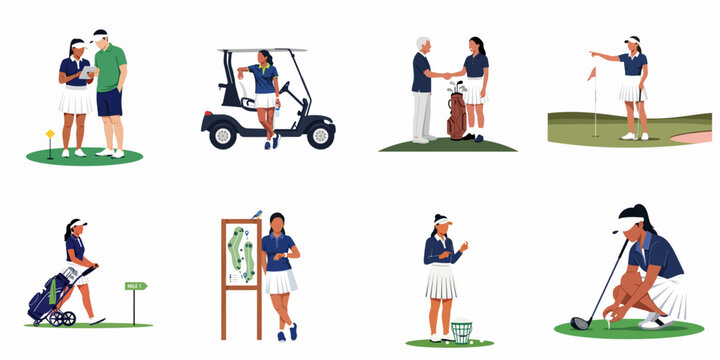 Collection of flat vector illustrations featuring diverse men and women golfers engaged in various activities on a golf course.