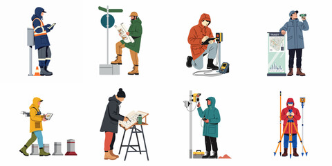 Set of flat illustrations showing professionals like engineers, surveyors, and technicians performing various outdoor tasks in cold weather gear. © Slamet