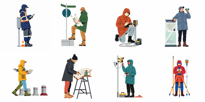 Set of flat illustrations showing professionals like engineers, surveyors, and technicians performing various outdoor tasks in cold weather gear.