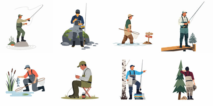 Flat vector illustration collection of men in fishing gear performing various activities like fly casting, netting, and navigating in the outdoors.