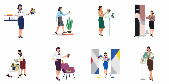 Flat vector illustration set of professional female event staff, hostesses and promoters working at trade shows and exhibitions, holding brochures and marketing materials.