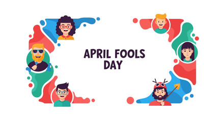 Obraz premium A colorful illustration design for April Fools' Day featuring a fun frame with cartoon people and shapes on a blank white background