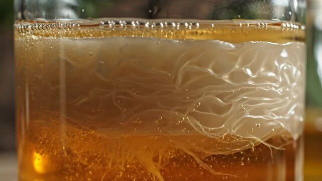 Kombucha Scoby Fermenting in Glass Jar, Close-up of Culture and Bubbles in Tea